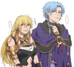  ... 1boy 1girl blonde_hair blue_eyes blue_hair braid caster cloak crop_top fate/grand_order fate/stay_night fate_(series) genderswap genderswap_(ftm) genderswap_(mtf) green_eyes highres jason_(fate/grand_order) long_hair looking_away single_braid spoken_ellipsis susumeyautatane sweatdrop 