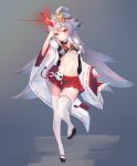  1girl ahoge azur_lane blush finger_to_head flat_chest fur_trim glowing glowing_eyes glowing_horn gradient gradient_background hair_ornament hibiki_(azur_lane) highres horns ka11_ca long_hair long_sleeves looking_at_viewer midriff mismatched_horns navel oni_horns pleated_skirt pom_pom_(clothes) red_eyes red_skirt sandals sarashi silver_hair skindentation skirt solo standing standing_on_one_leg talisman thigh_strap thighhighs very_long_hair white_legwear zettai_ryouiki 
