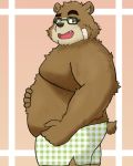  2020 anthro belly blush brown_body brown_fur butt clothing eyewear fur glasses male mammal moobs overweight overweight_male solo tokyo_afterschool_summoners underwear ursid video_games volos yaki_atsuage 