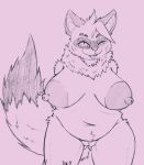  2019 anthro areola breasts cute_fangs domestic_ferret female mammal mustela mustelid musteline neck_tuft nipples one_eye_closed overweight pussy salaciouslx signature simple_background sketch slit_pupils smile solo teeth tongue tuft 