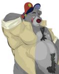  2020 anthro baloo belly clothing disney gomikuz539s hat headgear headwear male mammal moobs one_eye_closed overweight overweight_male shirt simple_background solo talespin tongue tongue_out topwear ursid wink 