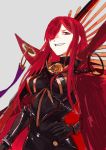  1girl absurdres arqa fate/grand_order fate_(series) grey_background grin hair_over_one_eye hand_on_hip highres long_hair looking_at_viewer oda_nobunaga_(fate)_(all) oda_nobunaga_(maou_avenger)_(fate) red_eyes red_hair smile solo very_long_hair 