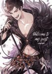  1boy belial_(granblue_fantasy) belt black_hair black_pants black_shirt fang granblue_fantasy kanapy male_focus microphone midriff pants red_eyes shirt solo white_background 