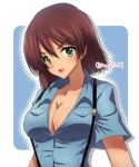  1girl aoshidan_school_uniform bad_id bad_twitter_id bangs blue_shirt blunt_ends breasts brown_hair cleavage commentary dark_skin eyebrows_visible_through_hair girls_und_panzer green_eyes large_breasts looking_at_viewer na nanjou_satoshi open_mouth partially_unbuttoned school_uniform shirt short_hair smile solo suspenders tristana_(girls_und_panzer) twitter_username unbuttoned unbuttoned_shirt upper_body 