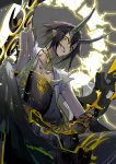  1boy arm_up armor armpits black_hair collarbone electricity grey_background hair_between_eyes harurie holding holding_sword holding_weapon horns jewelry magatama magatama_necklace male_focus necklace onmyoji ootakemaru parted_lips pointy_ears simple_background slit_pupils smile solo sword torn_clothes weapon yellow_eyes 