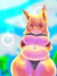  anthro belly big_breasts blonde_hair breasts canid canine female fox fur hair kemono lens_flare low-angle_view mammal orange_eyes outside palm_tree short_stack slightly_chubby solo tree under_boob white_body white_fur wide_hips yellow_body yellow_fur 狐乃実 