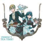  1boy 1girl alternate_costume apron blonde_hair blue_eyes blue_hair blush breasts butler byleth_(fire_emblem) byleth_(fire_emblem)_(female) cake cookie cowboy_shot cup dimitri_alexandre_blaiddyd dress english_text eyebrows_visible_through_hair fire_emblem fire_emblem:_three_houses food frilled_sleeves frills gloves hair_between_eyes long_sleeves looking_at_viewer maid maid_apron maid_headdress medium_breasts medium_hair mena_(suzunoki) puffy_long_sleeves puffy_sleeves shirt short_hair simple_background sweatdrop tea_set teacup teapot towel tray vest white_background white_gloves wrist_cuffs 