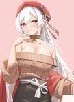  1girl aran_sweater azur_lane bag bare_shoulders belfast_(azur_lane) belfast_(shopping_with_the_head_maid)_(azur_lane) beret black_skirt blush bow breasts choker cleavage collarbone cowboy_shot earrings eating food hat hat_bow high-waist_skirt hoop_earrings jewelry large_breasts long_hair looking_at_viewer off-shoulder_sweater off_shoulder pink_background pocky purple_eyes red_headwear shopping_bag silver_hair simple_background skeptycally skirt solo straight_hair sweater twitter_username 