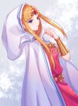  1girl bangs belt bitikara blue_eyes blush bracer cape circlet commentary_request dress earrings eyebrows_visible_through_hair forehead_jewel gem hand_up hood hood_up hooded_cape jewelry looking_afar looking_away parted_bangs parted_lips pink_dress princess_zelda ruby_(gemstone) smile solo super_smash_bros. the_legend_of_zelda the_legend_of_zelda:_a_link_between_worlds the_legend_of_zelda:_a_link_to_the_past two-tone_background white_cape 