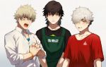  all_male apron bandaid black_hair blonde_hair blue_eyes fang gray_hair green_eyes male original shirt short_hair wristwear yellow_eyes yukibi 