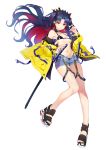  1girl alternate_costume bangs bare_shoulders bikini black_bikini black_bow black_footwear black_hair blush bow breasts choker closed_mouth collarbone denim denim_shorts earbuds earphones earrings fate/grand_order fate_(series) full_body hair_bow highres hoop_earrings ishtar_(fate)_(all) jacket jewelry katana legs long_hair long_sleeves looking_at_viewer luobo_(nsnr8754) multicolored_hair navel off_shoulder open_clothes open_jacket parted_bangs red_eyes red_hair sandals sheath short_shorts shorts simple_background small_breasts solo space_ishtar_(fate) swimsuit sword tiara two-tone_hair two_side_up weapon white_background yellow_jacket 