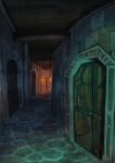 door dungeon fantasy hallway highres indoors no_humans nomu103 original scenery torch underground wooden_door 