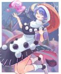  1girl :3 :d absurdres bangs blob blue_eyes blue_hair book border castle commentary_request creeper_(gametime) crescent_moon doremy_sweet dress eyebrows_visible_through_hair ferris_wheel hair_between_eyes hands_up hat highres holding holding_book huge_filesize looking_at_viewer moon nightcap no_shoes open_mouth outside_border pom_pom_(clothes) red_headwear short_hair smile socks solo tail tapir_tail touhou white_border white_dress white_legwear 
