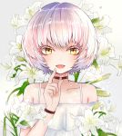  1girl :d act-age bangs black_choker blush bug butterfly choker dress flower hand_up insect kikumamo82 lily_(flower) looking_at_viewer momoshiro_chiyoko open_mouth short_hair simple_background smile solo upper_body white_butterfly white_dress white_hair yellow_eyes 