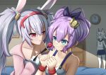  3girls animal_ears ayanami_(azur_lane) azur_lane ball_gag bdsm blonde_hair blush bound bound_wrists breasts bunny_ears caught commentary_request crop_top cross_hair_ornament crown eronadarkness gag green_eyes hair_between_eyes hair_ornament hair_ribbon hairband headgear highres indoors jacket javelin_(azur_lane) laffey_(azur_lane) lavender_hair long_hair looking_at_another midriff mini_crown multiple_girls navel nervous off_shoulder open_mouth pink_jacket ponytail purple_hair purple_ribbon red_eyes red_hairband ribbon school_uniform serafuku silver_hair small_breasts twintails upper_body very_long_hair wavy_mouth white_camisole yuri 