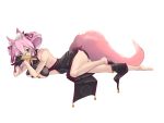  1girl animal_ear_fluff animal_ears artist_request black_gloves breasts china_dress chinese_clothes choker cleavage_cutout collarbone dress fan fate/grand_order fate_(series) folding_fan fox_ears fox_girl fox_tail glasses gloves koyanskaya large_breasts looking_at_viewer lying pink_hair ribbon_choker simple_background solo tail tamamo_(fate)_(all) underboob white-framed_eyewear white_background yellow_eyes 