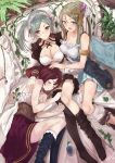  3girls :d ahoge apron aqua_skirt atelier_(series) atelier_lydie_&amp;_suelle atelier_sophie black_legwear blue_hair braid breasts brown_hair closed_eyes commentary_request cushion firis_mistlud from_above green_eyes hair_between_eyes highres large_breasts long_hair lying maid_headdress multiple_girls on_side open_mouth paper parted_lips petting pillow plant pleated_skirt ponytail qmmparabellum red_eyes short_hair side_ponytail sitting skirt sleeping smile sophie_neuenmuller tess_heitzmann thighhighs thighhighs_pull v-shaped_eyebrows very_long_hair waist_apron white_apron 