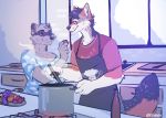  alcohol apron beverage black-backed_jackal canid canine canis chef clothing cooking duo female flynx-flink food fruit happy jack-jackal_(character) jackal kitchen male mammal plant procyonid raccoon robin_raccoon romantic_ambiance smile soup stove strawberry wine 