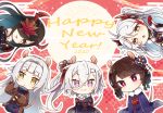  2020 5girls :&lt; animal_ears antenna_hair azur_lane bangs black_choker black_kimono blue_kimono braid breasts brown_hair brown_kimono chibi choker cleavage commentary_request crossed_bangs cup drunk eyebrows_visible_through_hair fan floral_print flower friedrich_der_grosse_(azur_lane) friedrich_der_grosse_(dark_raiments_of_gagaku)_(azur_lane) fur-trimmed_kimono fur_trim hair_between_eyes hair_ornament hair_over_one_eye happy_new_year headpiece holding holding_cup holding_fan horn_ornament iron_cross japanese_clothes kemonomimi_mode kimono large_breasts long_hair looking_at_viewer looking_to_the_side maple_may-gumi mole mole_under_eye multicolored multicolored_clothes multicolored_hair multicolored_kimono multiple_girls new_year obi obijime off-shoulder_kimono plaid plaid_scarf prinz_eugen_(azur_lane) prinz_eugen_(dance_of_a_hundred_flowers)_(azur_lane) purple_eyes purple_kimono quad_braids rat_ears rat_tail red_background red_horns sakazuki sash scarf short_braid side_braid sideboob silver_hair sleeves_past_wrists smile spider_lily streaked_hair swept_bangs tail two_side_up very_long_hair white_hair yellow_eyes z1_leberecht_maass_(azur_lane) z2_georg_thiele_(azur_lane) z46_(azur_lane) 