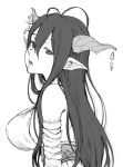  1girl ahoge bandaged_arm bandages bare_shoulders breasts coelacanth_(gyotaku) danua eyebrows_visible_through_hair granblue_fantasy greyscale hair_between_eyes horns jewelry long_hair monochrome open_mouth pointy_ears simple_background solo teeth tongue upper_body white_background 