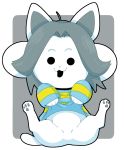  2016 ambiguous_gender clothed clothed_feral clothing doneru featureless_crotch feral hi_res looking_at_viewer open_mouth pawpads paws solo spread_legs spreading temmie_(undertale) undertale video_games 