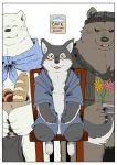  2017 anthro blush brown_body brown_fur canid canine canis clothing eyes_closed fur grizzly_(shirokuma_cafe) group male mammal polar_bear robe shirokuma shirokuma_cafe shirokumaou sitting ursid ursine white_body white_fur wolf 