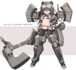  1girl alice_gear_aegis axe closed_mouth commentary_request copyright_name english_text eyebrows_visible_through_hair flat_chest full_body grey_hair hand_on_hip highres holding holding_weapon karukan_(monjya) long_hair looking_at_viewer navel shinonome_chie smile solo standing v-shaped_eyebrows weapon white_background 