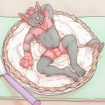  anthro bulge canid clothed clothing digital_media_(artwork) fangs food food_fetish food_play fur lavilovi looking_at_viewer male mammal monster pie smile solo tongue underwear unknown_species 
