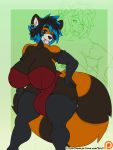  2019 ailurid anthro armwear big_breasts blue_eyes breasts bulge cleavage clothed clothing corset ear_piercing elbow_gloves facial_piercing gloves gynomorph hair hand_on_hip handwear hi_res inner_ear_fluff intersex legwear lingerie lip_piercing looking_at_viewer mammal mia_(talash) multicolored_hair patreon piercing red_panda short_hair smile snakebite_piercing solo stockings text tuft two_tone_hair url veyll zoom_layer 