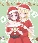  2girls blonde_hair blue_eyes blush box christmas gift gift_box green_background grin hand_on_another&#039;s_shoulder hat heart holding holding_gift long_hair multiple_girls musical_note new_game! one_eye_closed purple_eyes purple_hair santa_costume santa_dress santa_hat short_hair short_sleeves smile spoken_heart spoken_musical_note tooyama_rin yagami_kou yuri yuuki_(yunky373) 