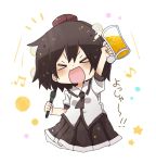  &gt;_&lt; 1girl :d alcohol bangs beamed_eighth_notes beer beer_mug black_hair black_neckwear black_skirt blush brown_headwear closed_eyes collared_shirt commentary_request cup eighth_note facing_viewer hat highres holding holding_cup holding_microphone microphone mini_hat musical_note open_mouth pleated_skirt shameimaru_aya shirt short_sleeves skirt smile solo star tokin_hat totoharu_(kujirai_minato) touhou translation_request v-shaped_eyebrows white_background white_shirt xd 