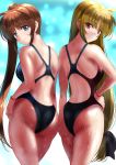  2girls ass black_swimsuit blonde_hair blue_eyes brown_hair competition_swimsuit fate_testarossa from_behind hand_on_hip highleg highleg_swimsuit highres long_hair looking_at_viewer low-tied_long_hair lyrical_nanoha mahou_shoujo_lyrical_nanoha_strikers multiple_girls one-piece_swimsuit red_eyes sen_(sansui) side_ponytail smile swimsuit symmetry takamachi_nanoha wet wet_clothes wet_swimsuit wristband 