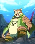  2011 anthro clothing domestic_cat facial_hair felid feline felis male mammal melee_weapon mustache outside overweight overweight_male robe shirokumaou solo sword weapon 