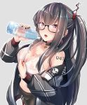  1girl areolae azur_lane baggy_clothes bangs bare_shoulders bike_shorts black-framed_eyewear black_jacket blush breasts bust_cup character_name collarbone commentary_request covered_nipples cross_choker crossed_bangs dripping earrings hair_over_shoulder hayami_yoichi highres iron_cross jacket jewelry long_hair medium_breasts multicolored_hair nail_polish nipples one_side_up pink_lips pouring see-through semi-rimless_eyewear shirt sidelocks solo streaked_hair u-47_(azur_lane) u-47_(beginner_rider)_(azur_lane) very_long_hair water wet wet_clothes white_shirt 