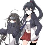  2girls ahoge anchor anchor_symbol asymmetrical_legwear bangs black_hair breasts cleavage closed_mouth eyebrows_visible_through_hair hairband hands_in_pockets hatsushimo_(kantai_collection) highres jacket kantai_collection large_breasts long_hair long_sleeves low-tied_long_hair multiple_girls navel necktie open_clothes open_jacket ponytail red_eyes red_skirt rindou_(rindou_annon) sailor_collar sidelocks simple_background single_thighhigh skirt sleeves_past_fingers sleeves_past_wrists sparkle thighhighs white_background yahagi_(kantai_collection) zipper 