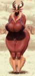  2019 absurd_res anthro antlers big_breasts big_legs bottomless bra breasts capreoline cervid cleavage clothed clothing curvy_figure deer_mom female glowing glowing_eyes hi_res horn huge_breasts looking_at_viewer mammal multi_ear outside patacon reindeer smile solo spiritfarer thick_thighs underwear voluptuous 