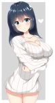  1girl absurdres alternate_costume alternate_hairstyle aqua_eyes blue_hair blush breasts cleavage eyebrows_visible_through_hair hair_between_eyes heart highres kantai_collection large_breasts looking_at_viewer ribbed_sweater short_hair smile solo souryuu_(kantai_collection) sweater two-tone_background underboob white_sweater yuyu_hihi40 