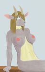  anthro bangs blue_eyes bovid breasts caprine concealed_genitals female goat hair horn invalid_tag looking_at_viewer mammal navel nipples non_sexual poseing shazarc simple_background sitting smile solo 