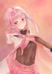  1girl belt bodystocking bodysuit braid cloak covered_navel highres hood hooded_cloak line3reak long_hair magia_record:_mahou_shoujo_madoka_magica_gaiden magical_girl mahou_shoujo_madoka_magica pink_belt pink_eyes pink_hair pink_skirt skin_tight skirt solo standing tamaki_iroha 