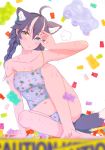  1girl ahoge alternate_hairstyle ancolatte_(onikuanco) animal_ear_fluff animal_ears arm_support arm_up bare_arms bare_legs bare_shoulders barefoot black_hair blue_eyes blurry_foreground blush braid brown_eyes camisole candy caution_tape collarbone extra_ears feet_out_of_frame fellatio_gesture fingernails food grey_wolf_(kemono_friends) gummy_bear hair_between_eyes head_tilt heterochromia highres kemono_friends knee_up leaning_to_the_side long_hair looking_at_viewer midriff multicolored_hair panties parted_lips pen pink_hair sidelocks sitting solo strap_slip sweat tail toenails toes twin_braids two-tone_hair underwear underwear_only wolf_ears wolf_girl wolf_tail 