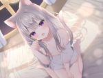  1girl animal_ear_fluff animal_ears bangs barefoot blunt_bangs blush breasts cat_ears cat_girl cat_tail dutch_angle eyebrows_visible_through_hair eyes_visible_through_hair fang from_above grey_hair hair_censor hair_over_breasts hand_up highres indoors leo_(mafuyu) long_hair looking_at_viewer mafuyu_(chibi21) non-web_source off_shoulder on_bed open_mouth original paw_pose purple_eyes shirt sitting small_breasts solo tail upper_body wariza white_shirt 