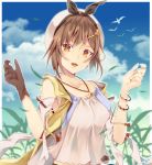  1girl absurdres akisaki atelier_(series) atelier_ryza bare_shoulders beret bird black_gloves black_ribbon blue_sky breasts brown_eyes brown_hair cloud collarbone commentary_request day gloves hair_ornament hair_ribbon hairclip hands_up hat highres jewelry looking_at_viewer medium_breasts midriff_peek open_mouth pendant plant reisalin_stout ribbon shirt short_hair signature single_glove sky solo star upper_body white_headwear white_shirt 