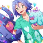  1boy :d animal blue_hair blush closed_eyes gen_7_pokemon green_eyes heart holding holding_animal kojirou_(pokemon) mareanie open_mouth pokemon pokemon_(creature) shirt simple_background smile t-shirt tomatsukaze toxapex white_background yellow_sclera 