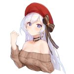 1girl azur_lane bangs bare_shoulders belfast_(shopping_with_the_head_maid)_(azur_lane) black_bow black_choker blue_eyes blush bow breasts brown_sweater choker cleavage clenched_hand closed_mouth collarbone commentary cropped_torso earrings eyebrows_visible_through_hair hair_bow hand_up hoop_earrings jewelry large_breasts long_hair long_sleeves looking_at_viewer off-shoulder_sweater off_shoulder red_headwear shk955 silver_hair solo striped striped_bow sweater swept_bangs upper_body 