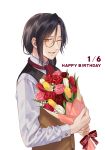  1boy bangs black_hair bouquet dated flower fukahire_(ruinon) happy_birthday highres holding holding_bouquet long_sleeves looking_at_viewer male_focus medium_hair monocle nijisanji one_eye_closed open_mouth shellin_burgundy shirt simple_background smile solo tied_hair upper_body vest virtual_youtuber white_background white_shirt yellow_eyes 