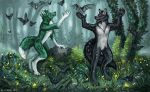  2019 4_toes 5_fingers anthro black_body black_fur canid canine canis chiropteran day detailed_background digital_media_(artwork) fingers flashw forest fox fur grass green_body green_fur group male mammal nude open_mouth outside teeth toes tongue tree wolf 