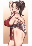  1girl absurdres ass breasts fatal_fury high_ponytail highres large_breasts mole mole_on_breast ninja no_panties open_mouth pelvic_curtain ponytail revealing_clothes shiranui_mai sideboob smile snk solo the_king_of_fighters urec 