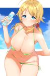  1girl ahoge bangs bare_shoulders bikini blonde_hair blue_eyes blue_sky blush breasts cleavage closed_mouth collarbone green_bikini hachimiya_meguru hair_ornament hairclip hechi_(hechi322) highres idolmaster idolmaster_shiny_colors large_breasts long_hair looking_at_viewer lotion_bottle low_twintails micro_bikini navel sky solo star star_hair_ornament swept_bangs swimsuit thighs twintails 