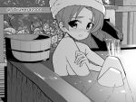  1girl bangs bath blush breasts bucket commentary covering covering_breasts frown girls_und_panzer greyscale hair_up looking_at_viewer monochrome nude open_mouth orange_pekoe_(girls_und_panzer) parted_bangs partially_submerged plant rebirth42000 short_hair sideboob sitting solo towel towel_on_head twitter_username water 