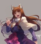 1girl ;d animal_ears bangs bow brown_hair capelet commentary_request eyebrows_visible_through_hair fangs fur-trimmed_capelet fur_trim grey_background highres holo long_hair long_sleeves looking_at_viewer nail_polish one_eye_closed open_mouth pink_nails purple_shirt purple_skirt red_bow red_eyes shirt signature simple_background skirt smile solo spice_and_wolf ttnap very_long_hair white_capelet wolf_ears 